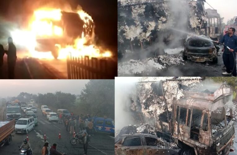 Gondal-Rajkot ગોંડલ નજીક કાર-ટ્રક વચ્ચે અકસ્માત સર્જાતા લાગી આગ, કારમાં સવાર ત્રણ લોકોના મોત.